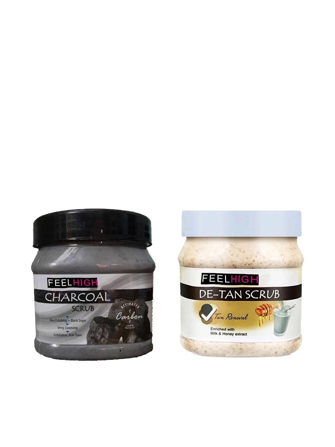 feelhigh set of 2 de tan scrub & charcoal scrub for face & body exfoliators 500 ml each