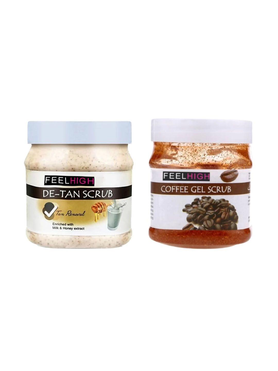 feelhigh set of 2 de tan scrub & coffee gel scrub for face & body exfoliators 500 ml each