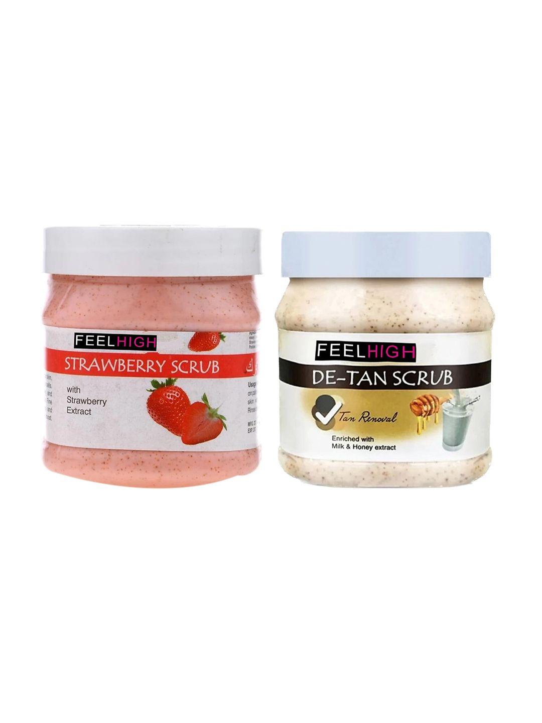 feelhigh set of 2 de tan scrub & strawberry scrub for face & body exfoliators 500 ml each