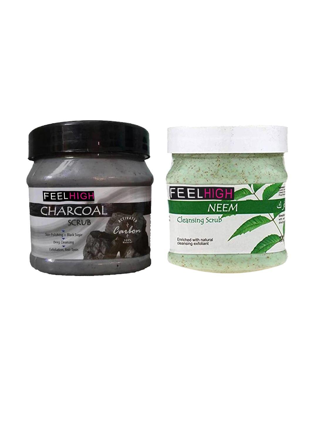 feelhigh set of 2 neem face cleansing scrub & charcoal face & body scrub-500 ml each