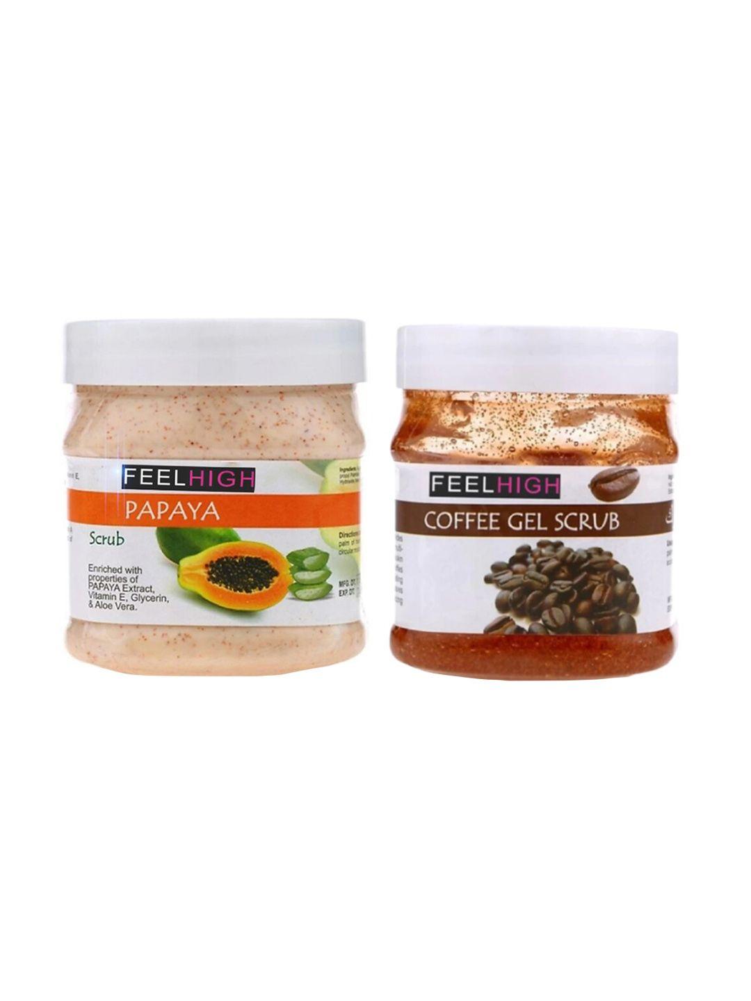 feelhigh set of 2 papaya scrub & coffee gel scrub for face & body exfoliators 500 ml each