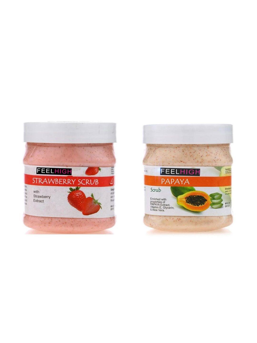feelhigh set of 2 strawberry scrub & papaya scrub for face & body exfoliators 500 ml each