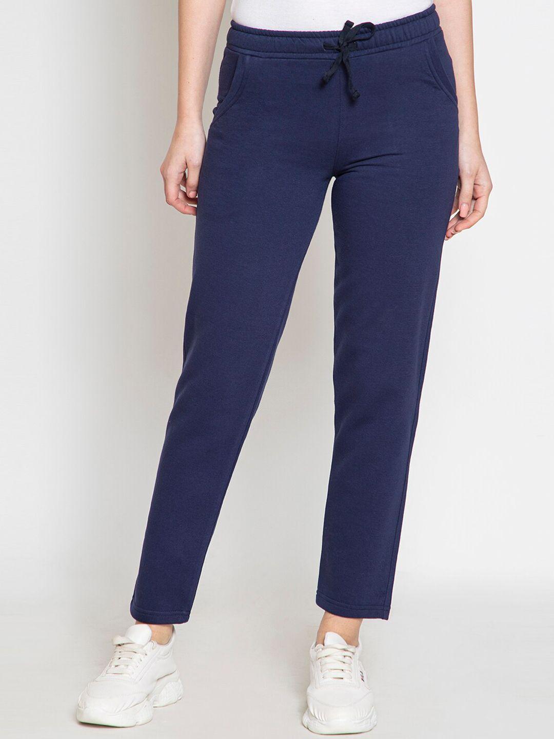 femea women navy blue solid cotton slim-fit track pants