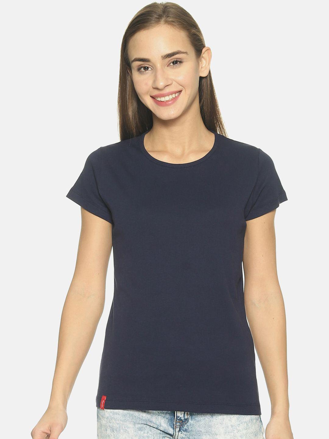 femea women navy blue solid round neck pure cotton t-shirt