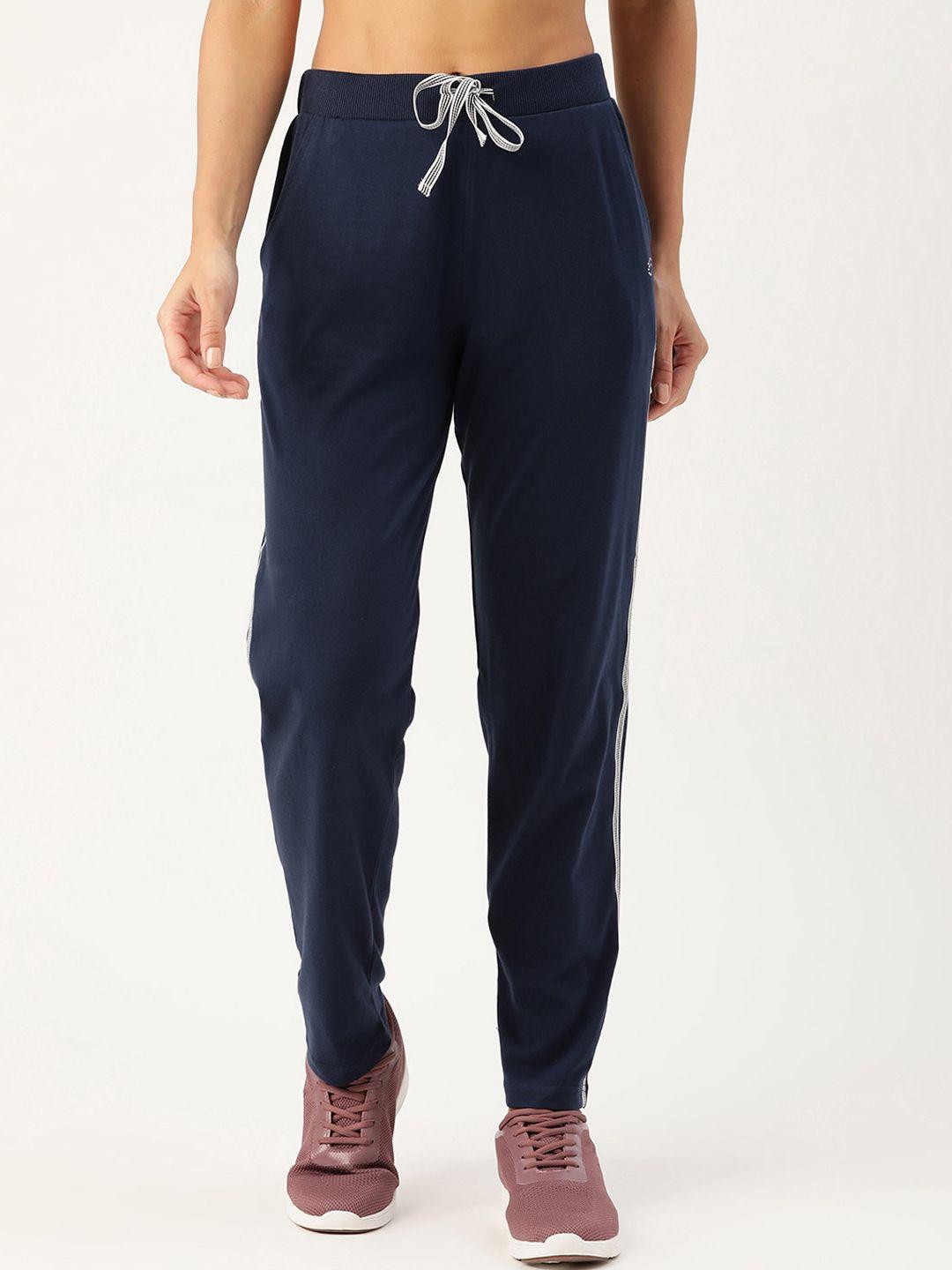 femea women navy blue solid straight-fit track pants