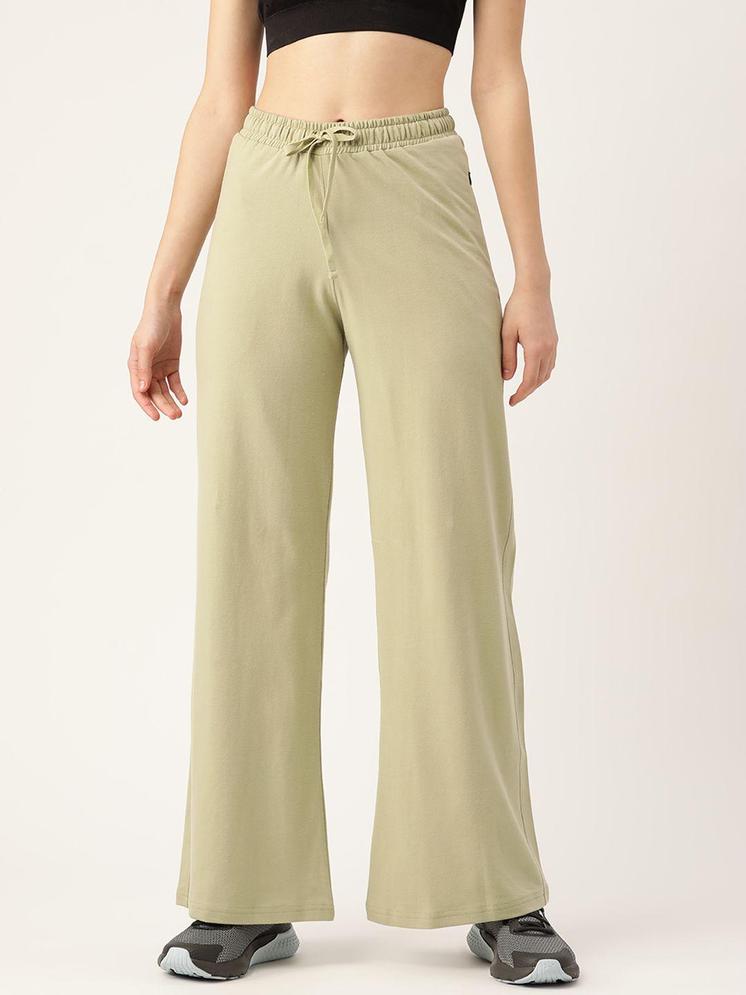 femea women olive green solid cotton wide leg track pants