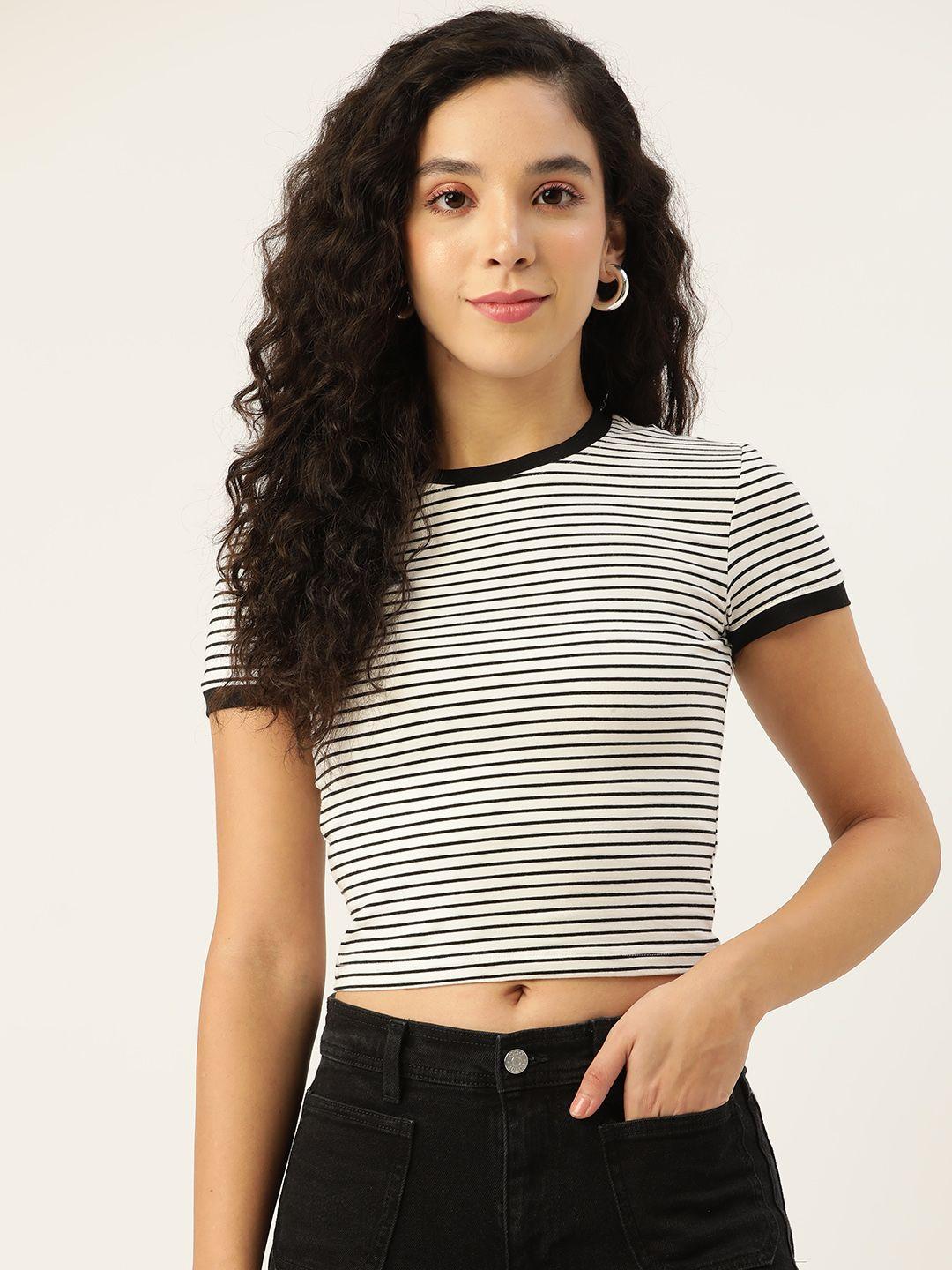 femea women white and black pure cotton striped twisted crop top