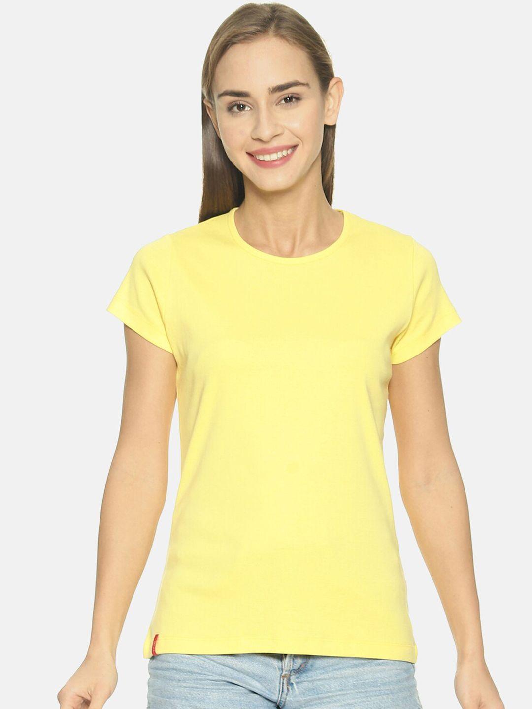 femea women yellow solid round neck pure cotton t-shirt