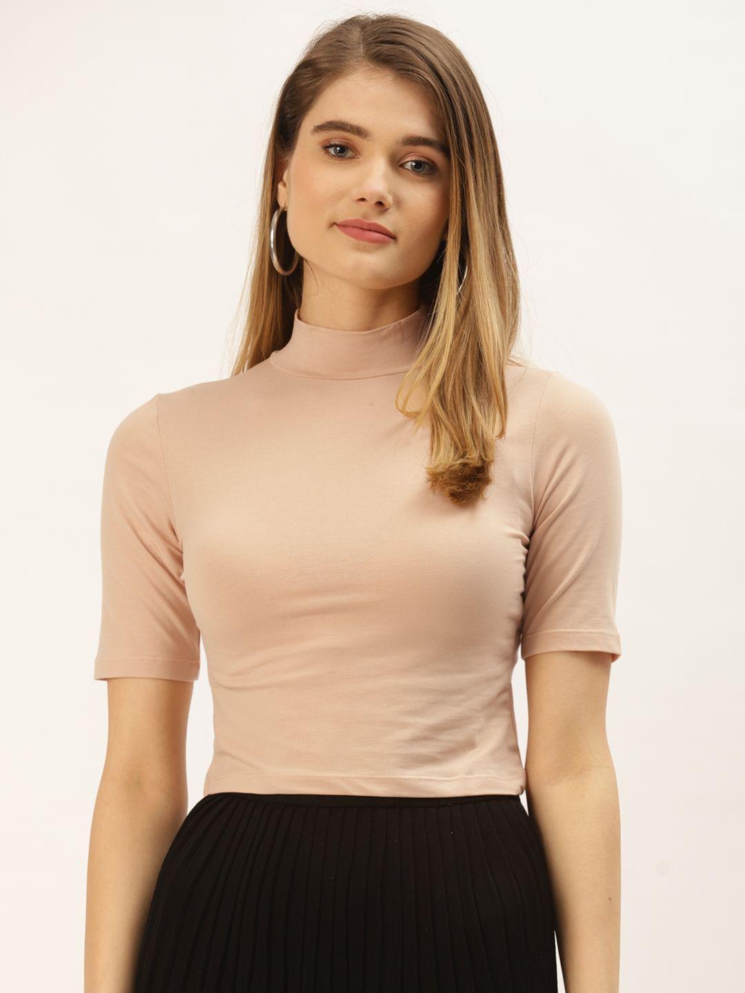 femea beige solid cotton crop top