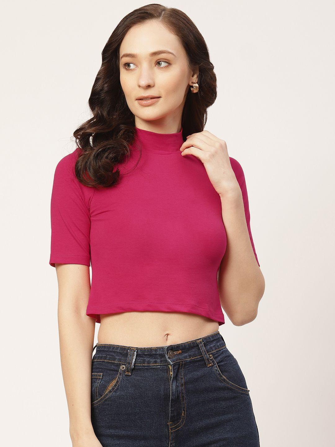 femea pink solid extended sleeves crop top