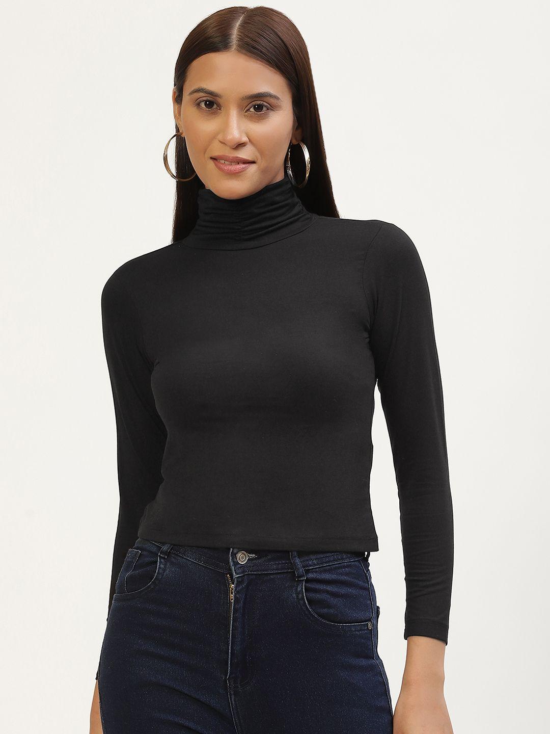 femea women black solid fitted ruched high neck top