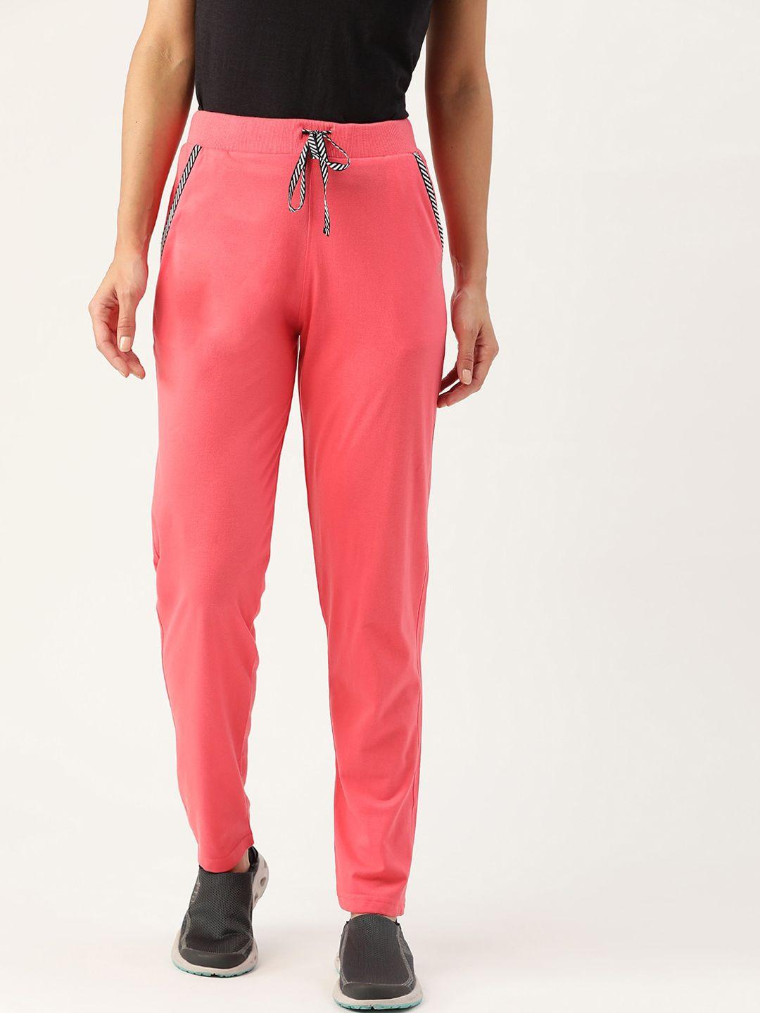 femea women coral pink solid cotton straight-fit track pants