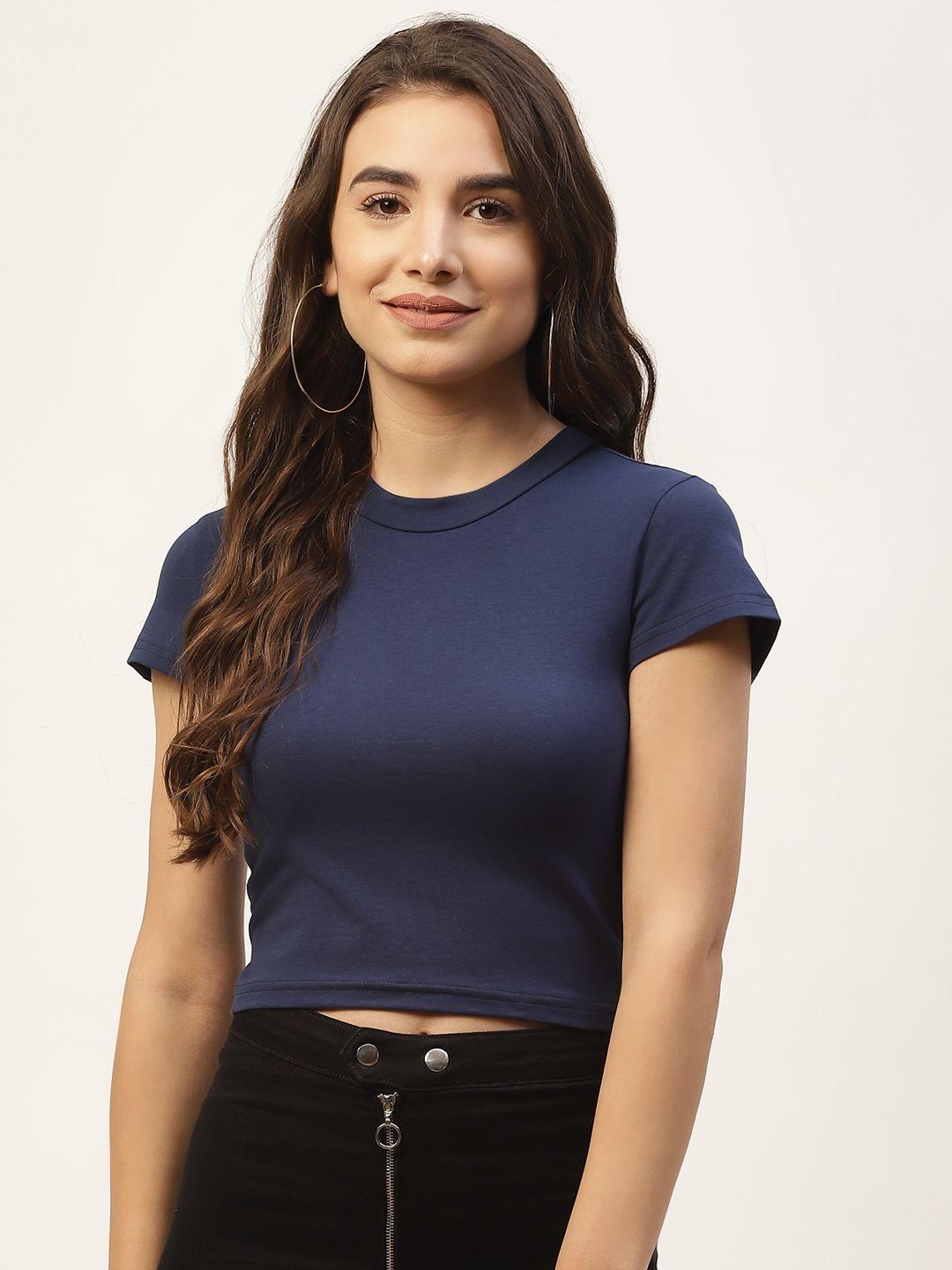 femea women navy blue solid crop top