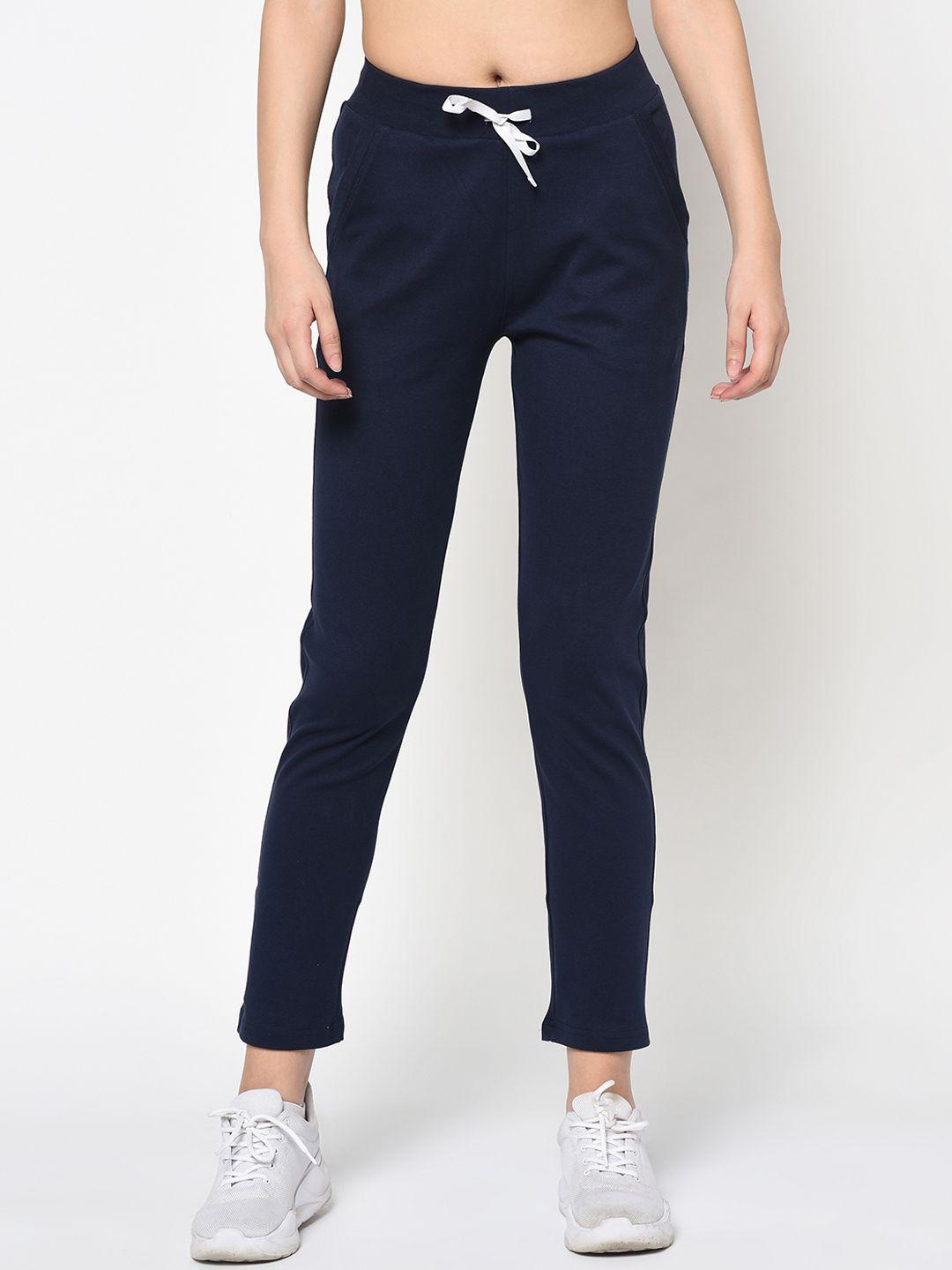 femea women navy blue solid slim-fit track pants