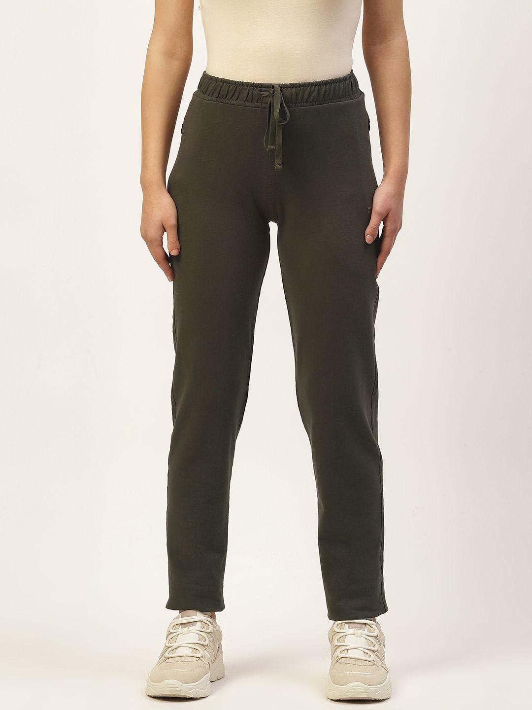 femea women olive green solid straight fit track pants