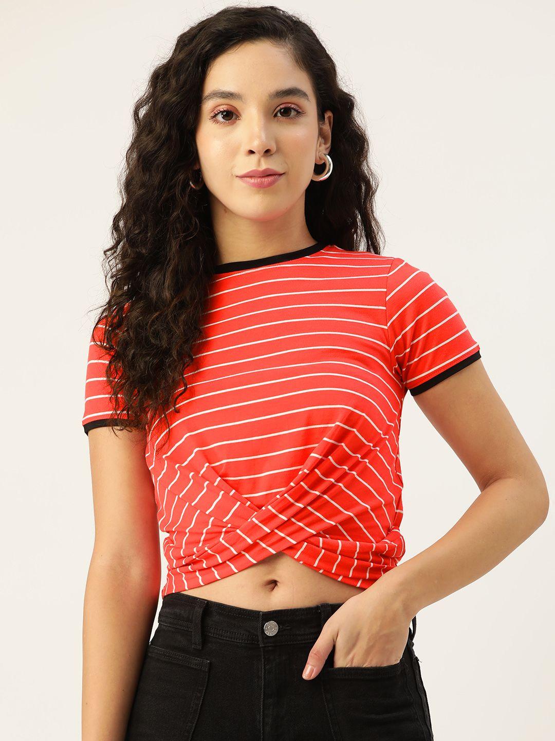 femea women red & white pure cotton striped twisted crop top