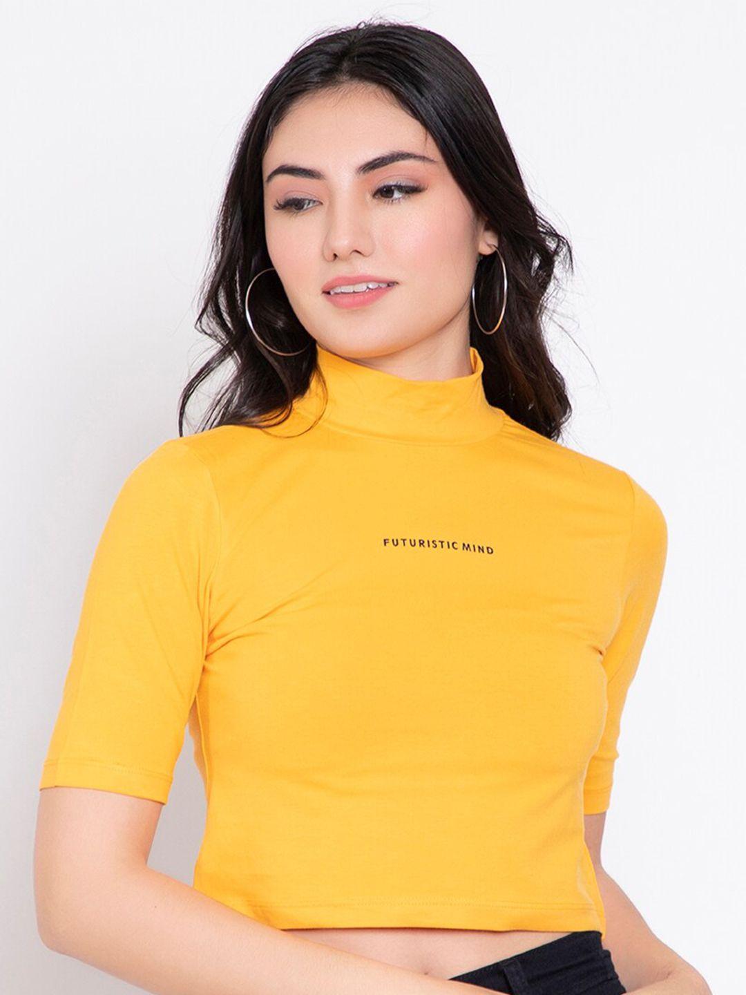 femea yellow solid high neck crop top