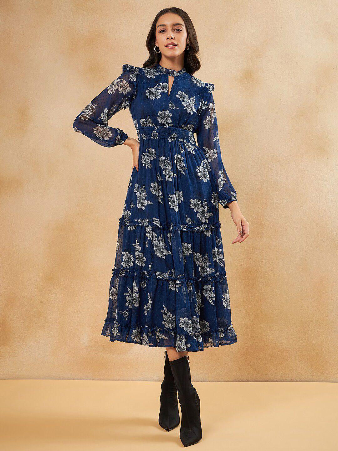 femella floral printed keyhole neck puff sleeves smocked tiered fit & flare dress