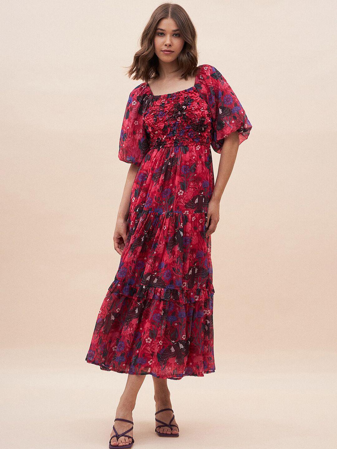 femella floral printed puff sleeves smocked fit & flare midi dress