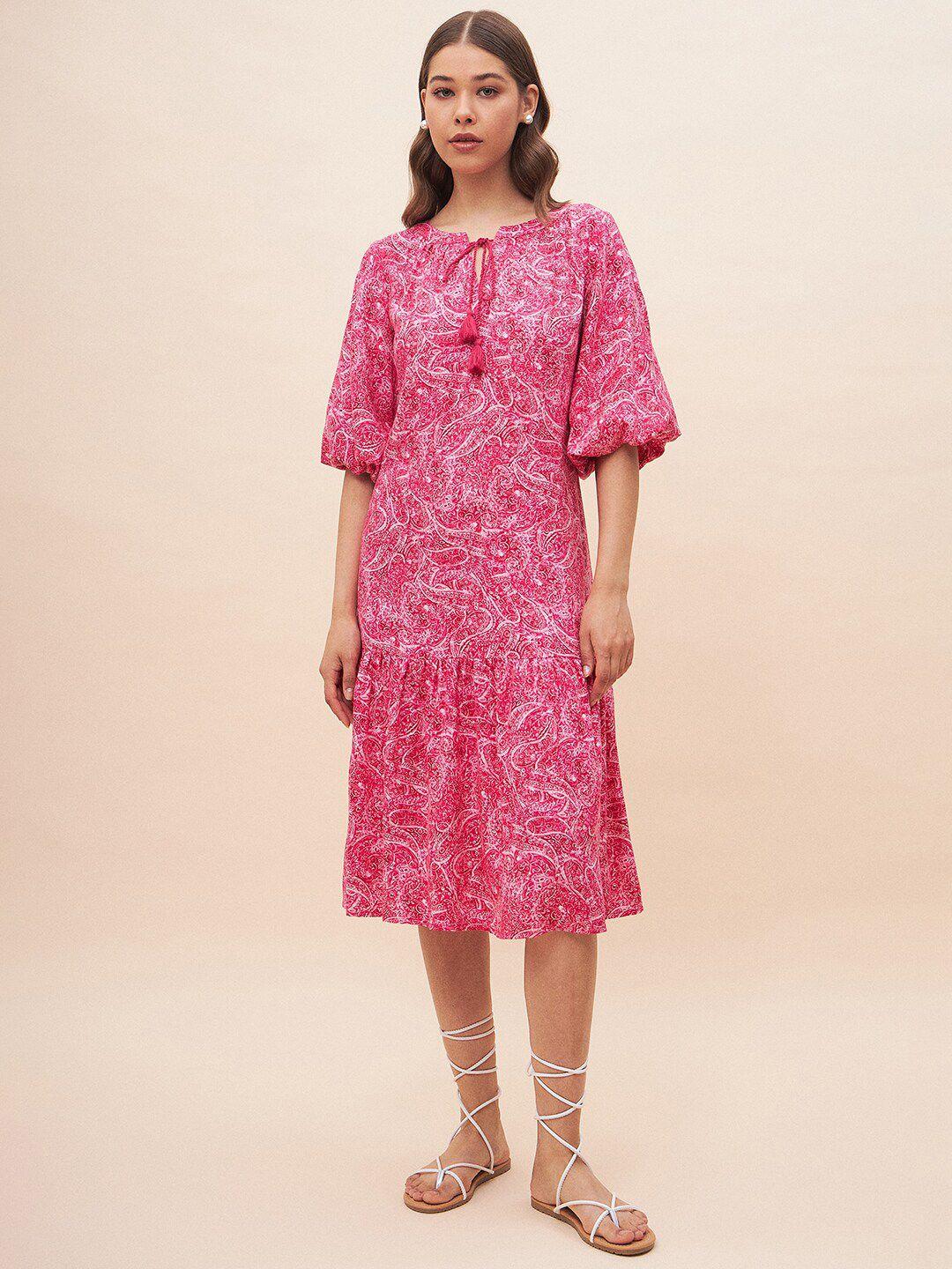 femella paisley printed tie-up neck puff sleeves gathered a-line dress