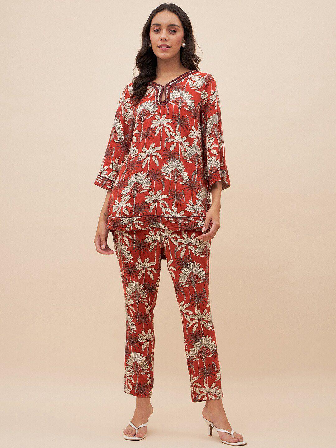 femella palm printed braided keyhole neck top & trousers