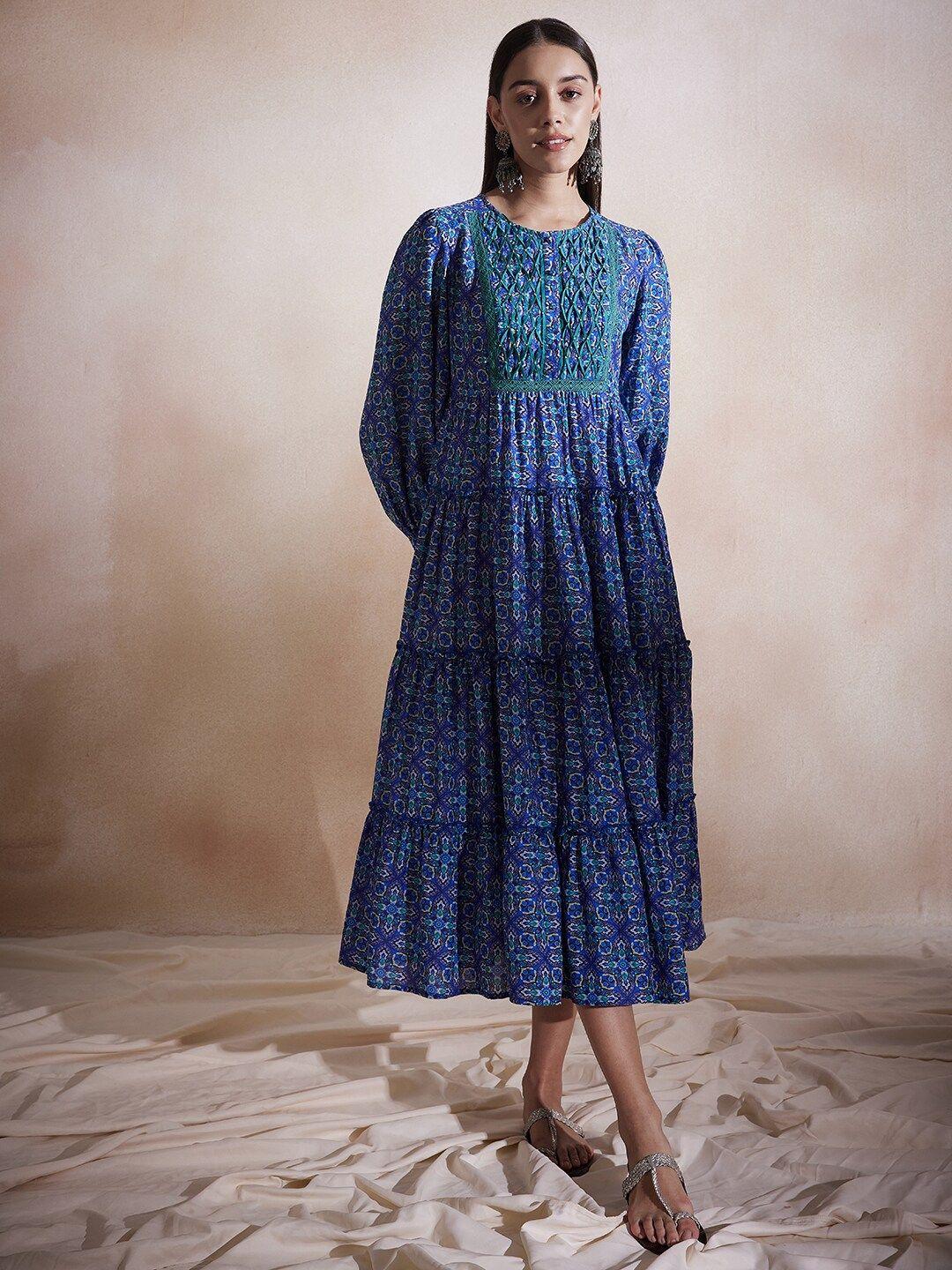 femella blue floral print a-line midi dress