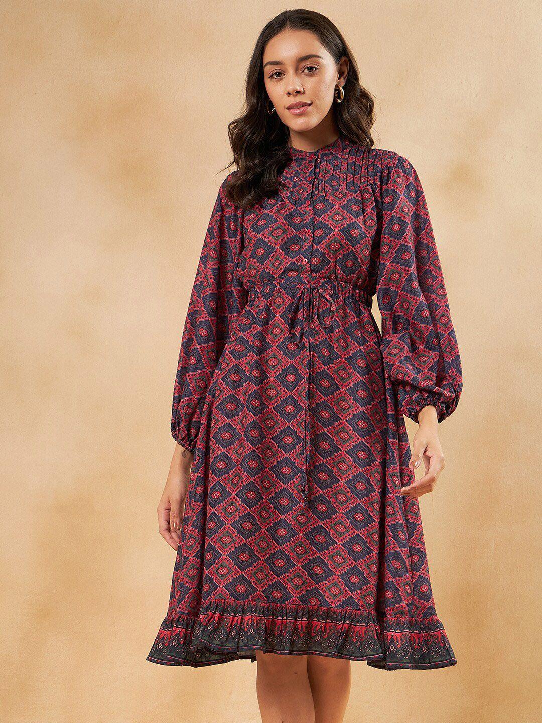 femella ethnic motifs printed puff sleeves gathered fit & flare midi dress