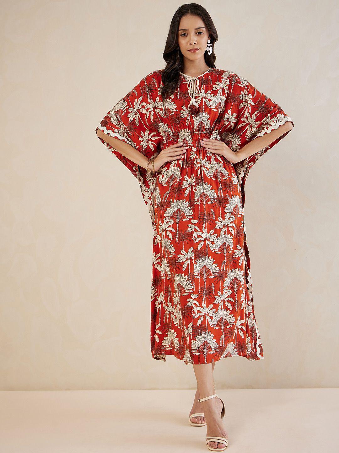 femella ethnic motifs printed tie-up neck kaftan midi dress