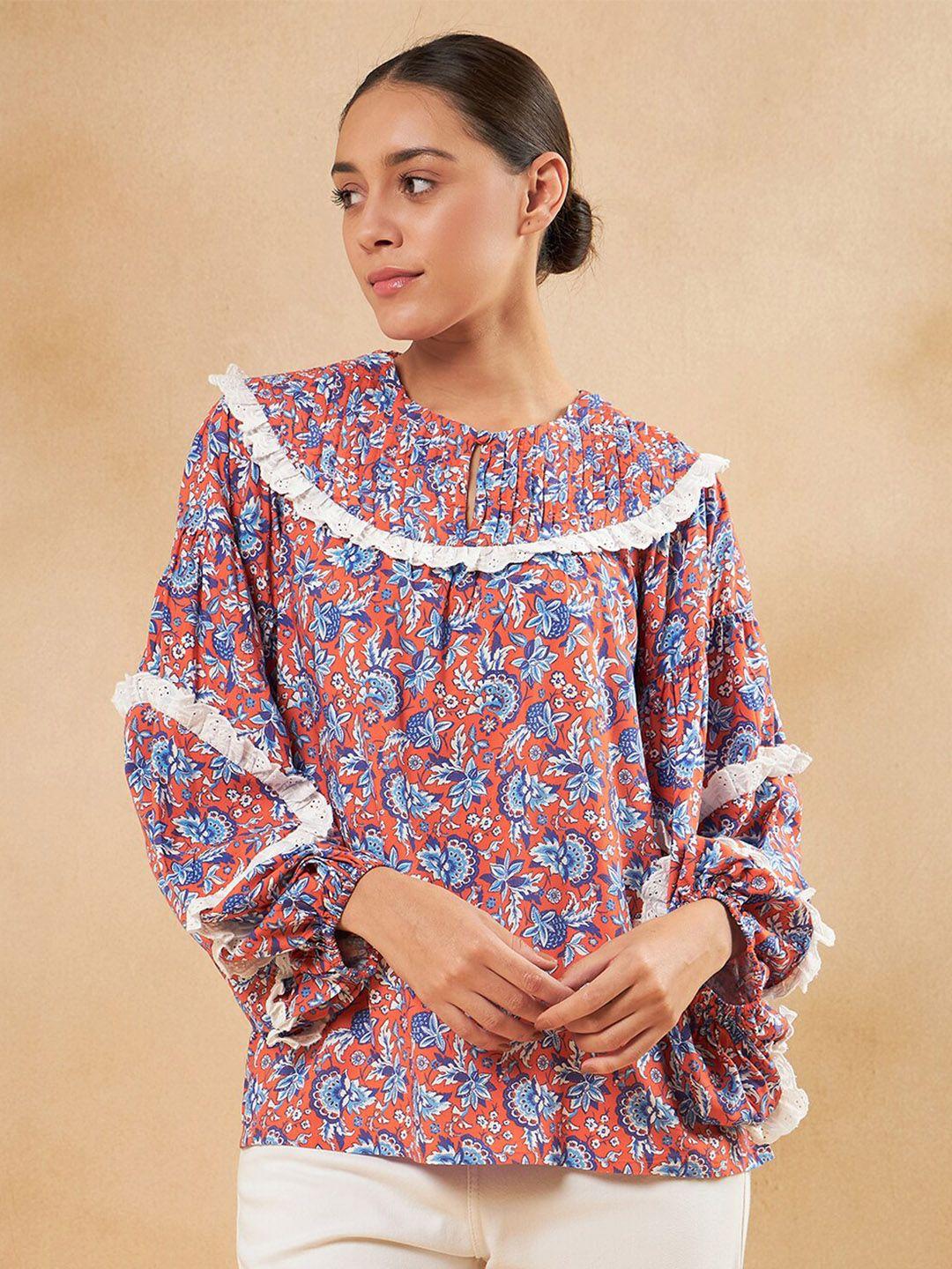 femella floral printed keyhole neck cuffed sleeves lace-up detail cotton a-line top