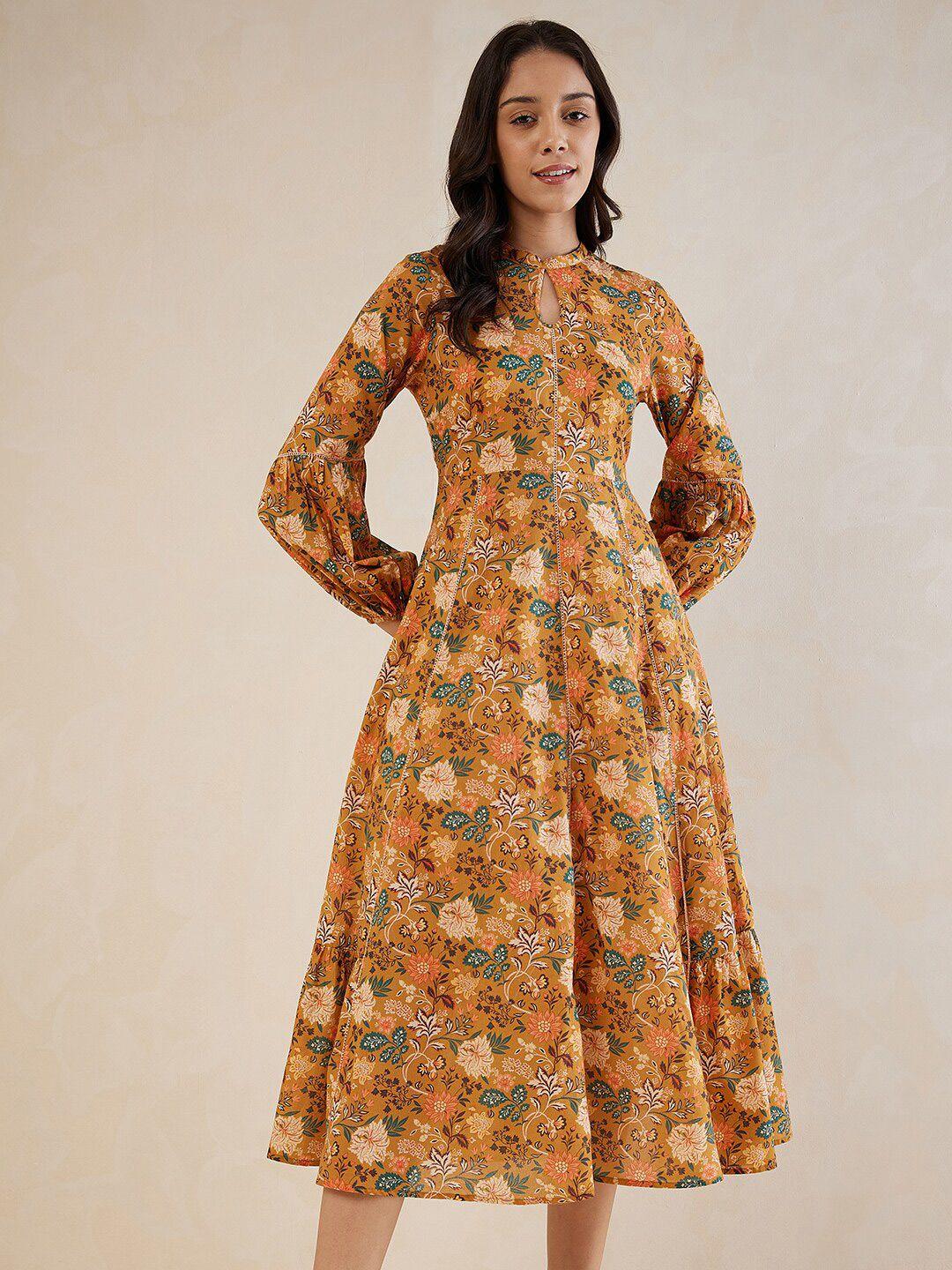 femella floral printed keyhole neck puff sleeve pure cotton fit & flare midi dress