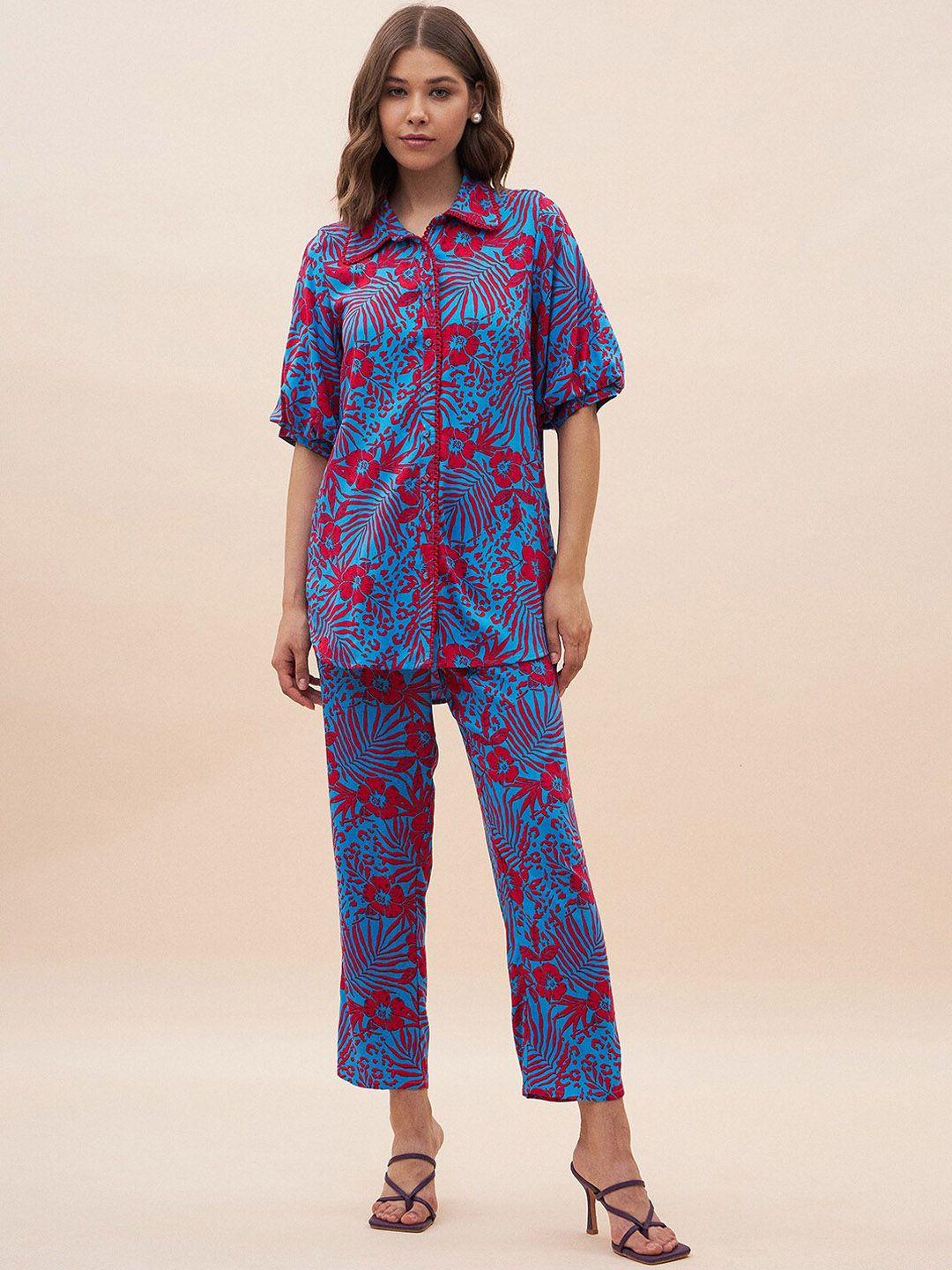 femella floral printed puff sleeve shirt & trousers