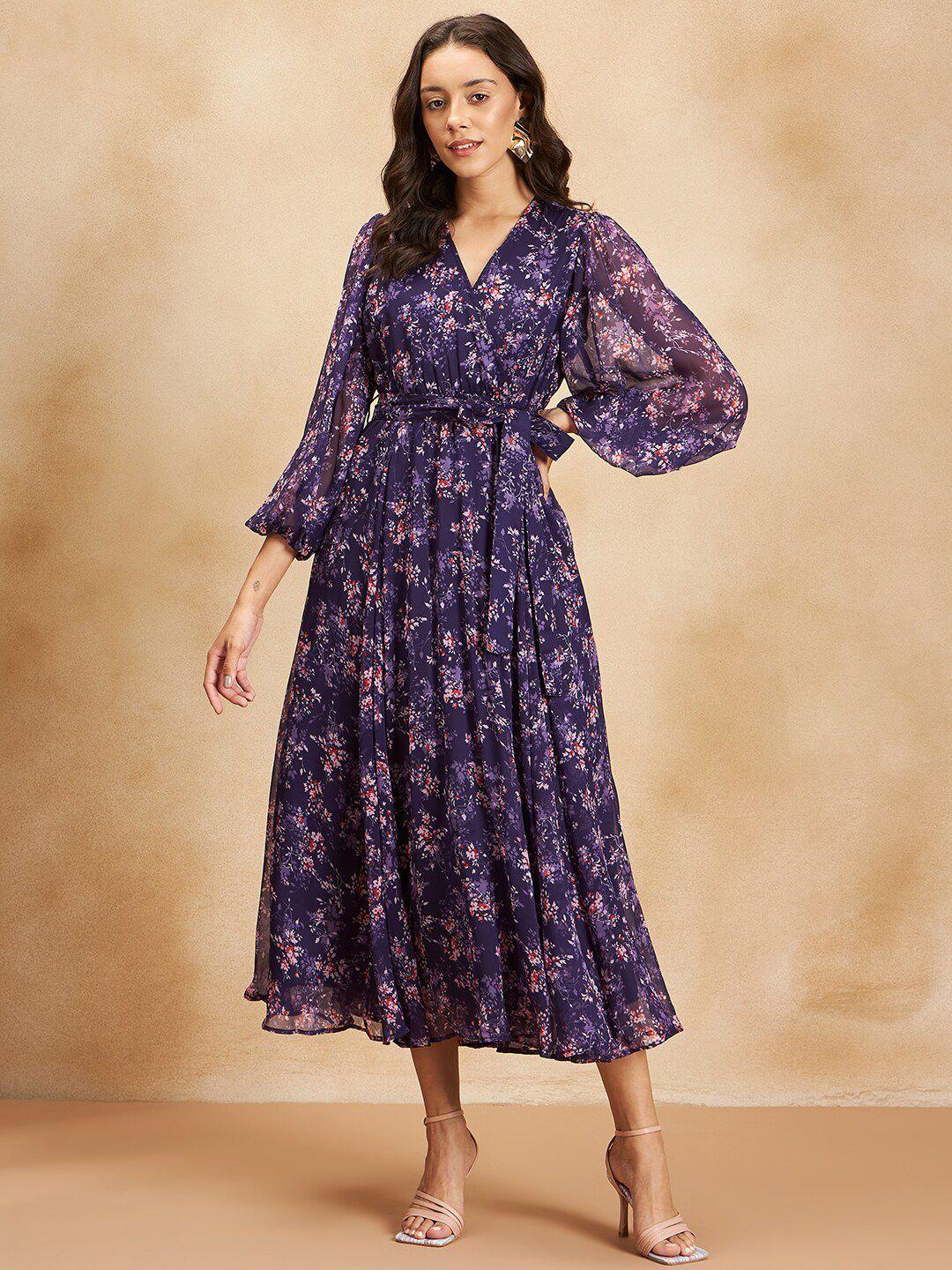 femella floral printed puff sleeves gathered fit and flare midi dress