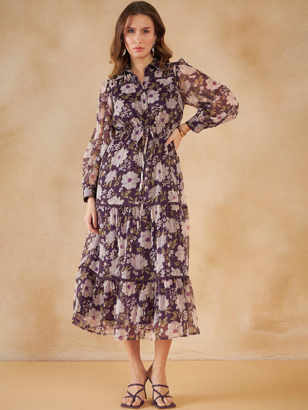 femella floral printed shirt collar a-line fit and flare midi dress