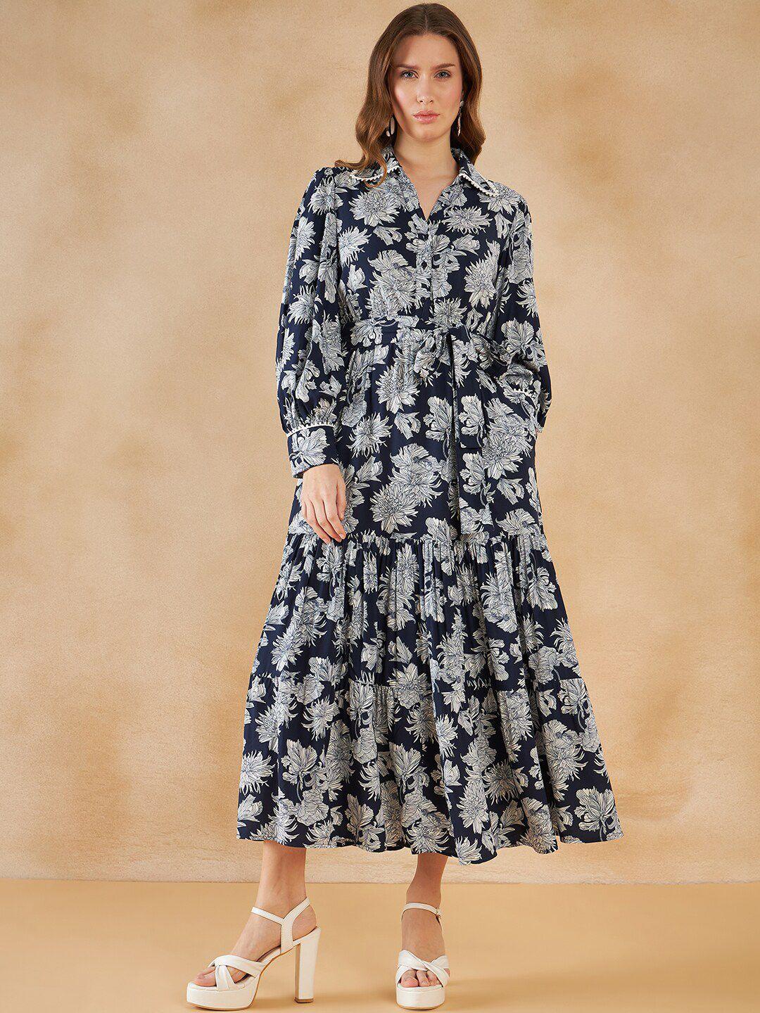 femella floral printed shirt collar a-line midi dress