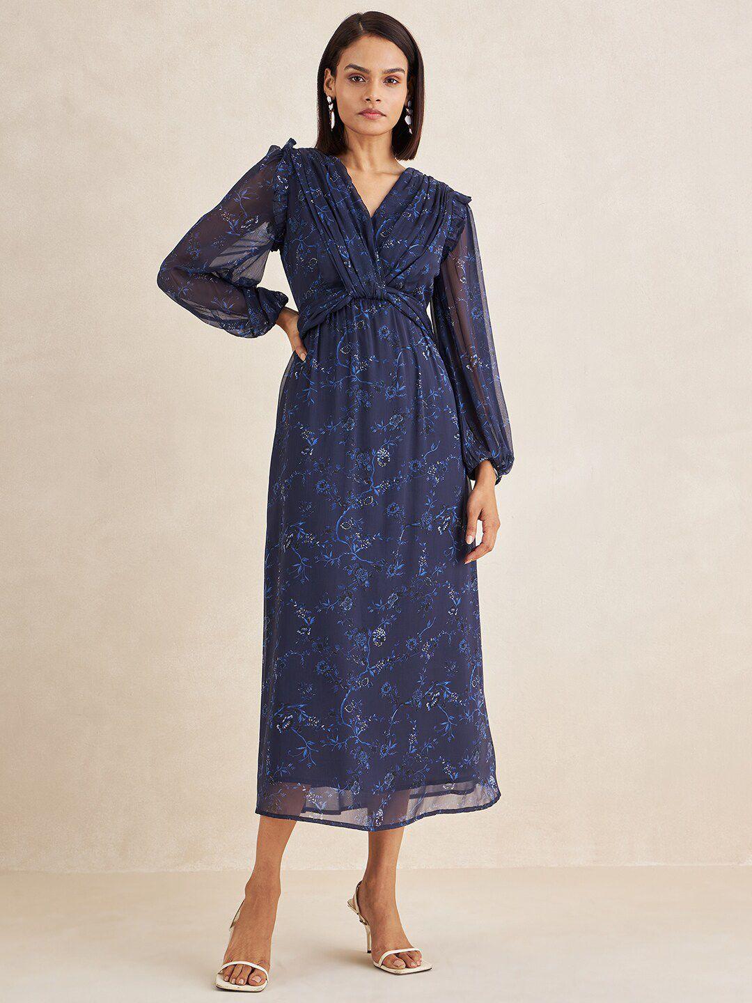 femella floral printed v-neck puff sleeve maxi dress