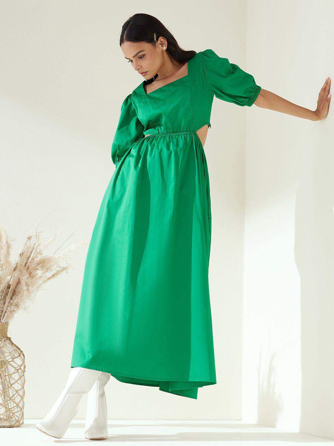 femella green cotton solid midi dress
