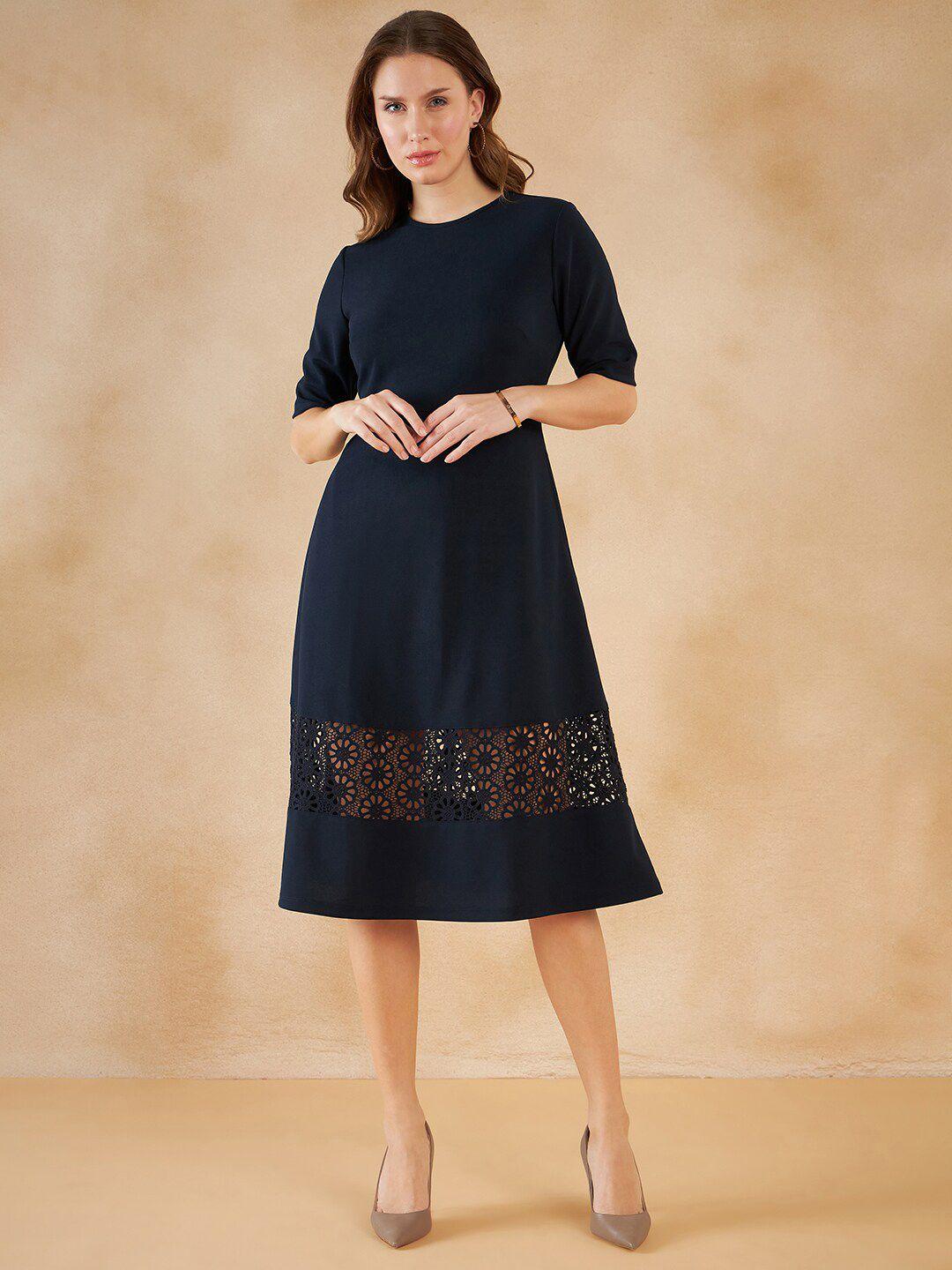 femella navy blue lace detail midi dress