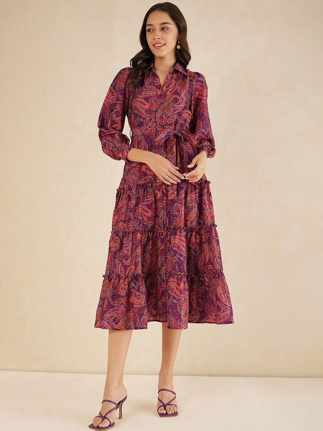 femella paisley printed shirt collar puff sleeve fit & flare tiered midi dress