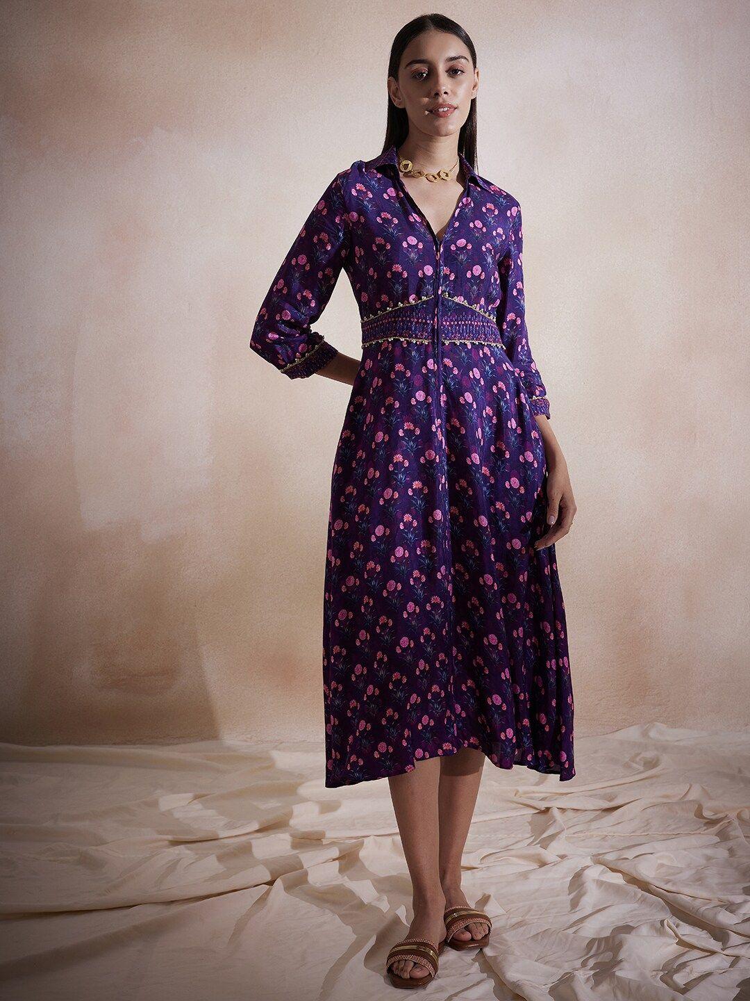 femella purple floral print a-line midi dress