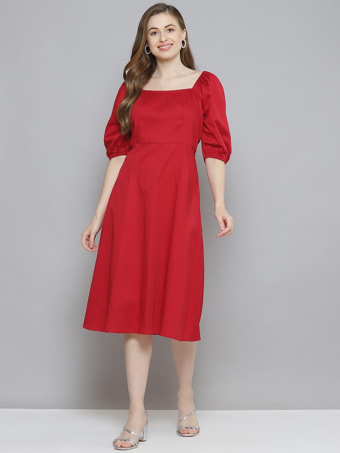 femella red a-line pure cotton midi dress