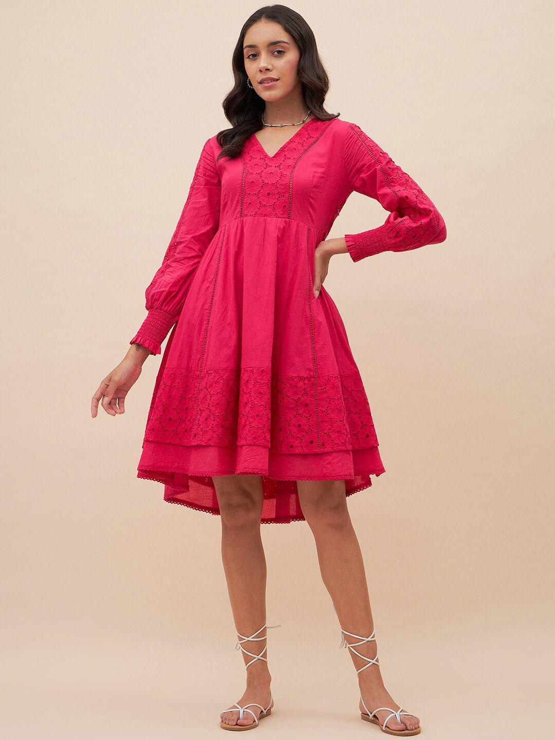 femella self design v-neck cuffed sleeve layered pure cotton fit & flare dress