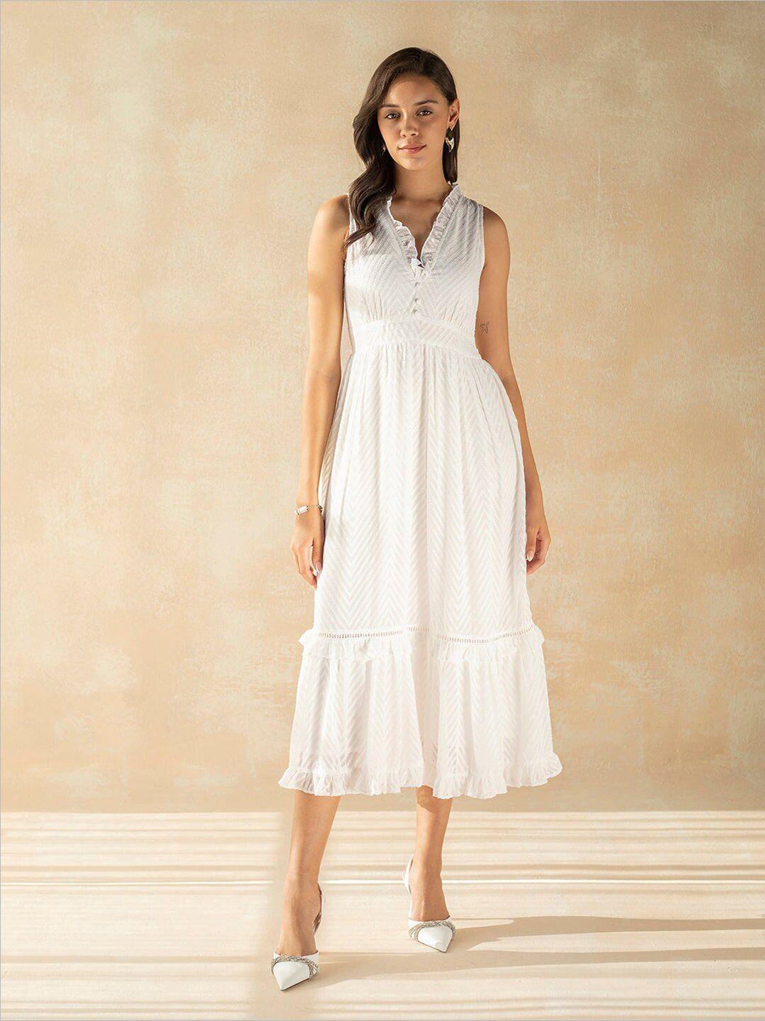 femella self design v-neck sleeveless gathered georgette casual a-line midi dress