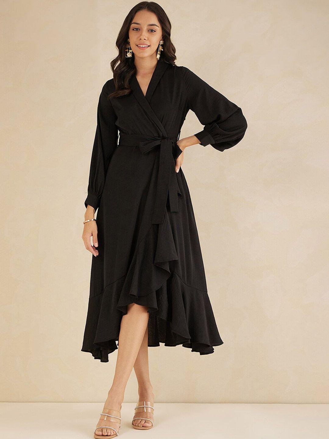 femella shawl neck cuffed sleeve ruffles detail a-line dress comes with a belt