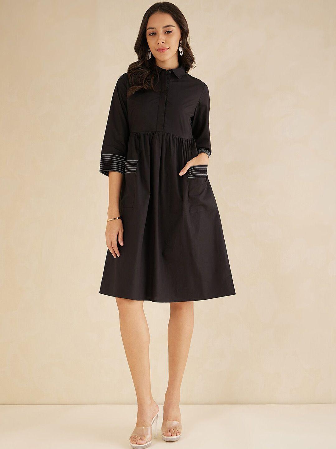 femella shirt collar fit&flare pleated cotton dress