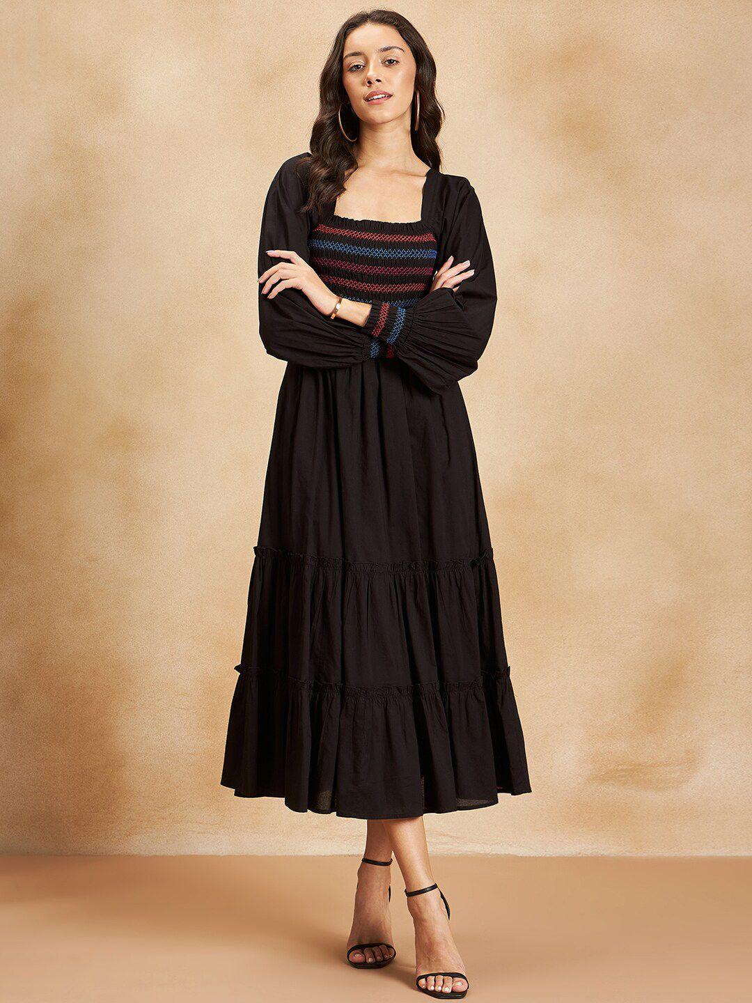 femella smocked puff sleeves a-line pure cotton maxi dress