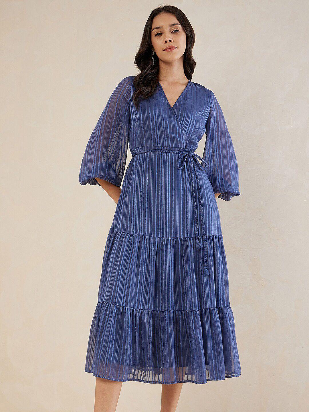 femella striped puff sleeve tiered a-line midi dress