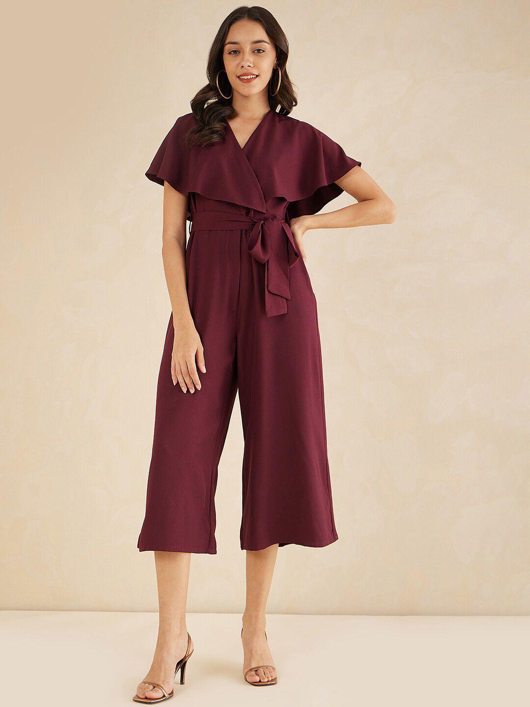 femella v-neck flared sleeves waist tie-ups culotte jumpsuit