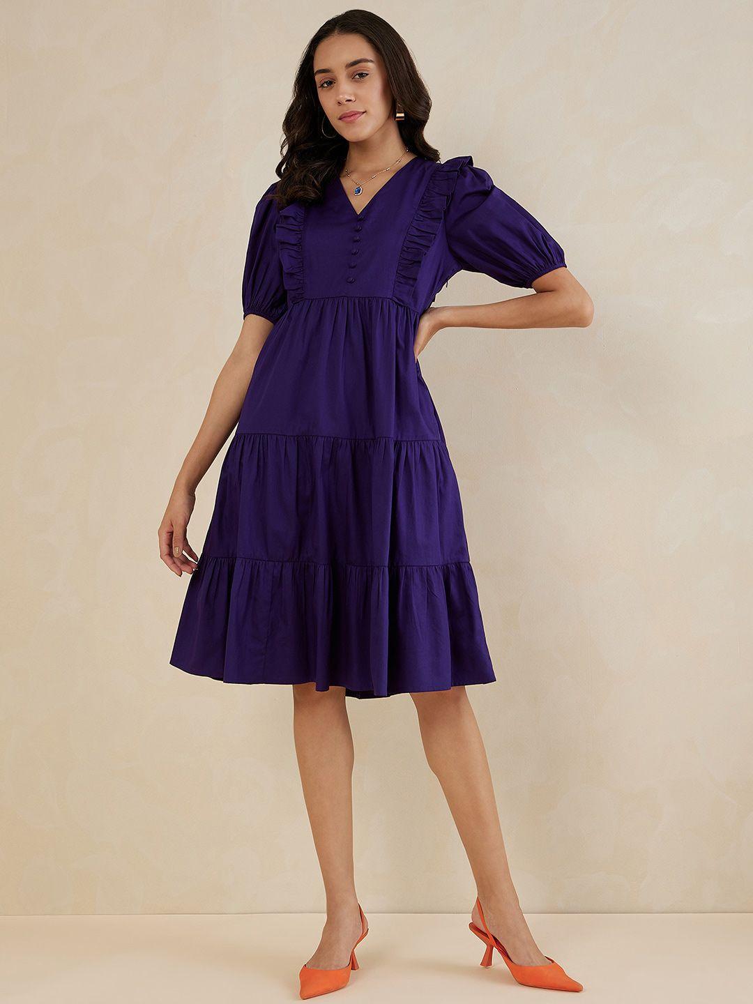 femella v-neck puff sleeves cotton fit & flare dress