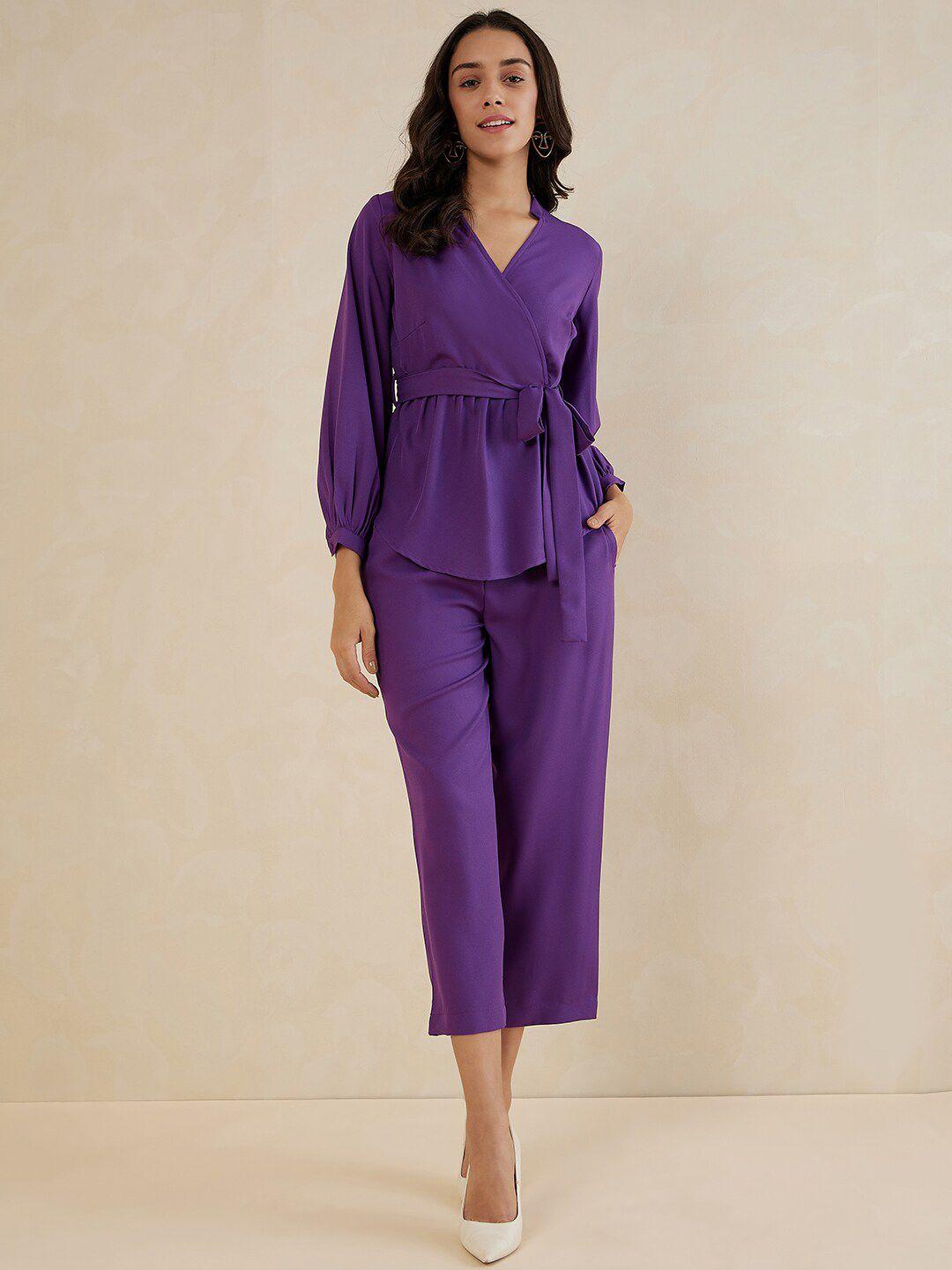 femella v-neck tie up wrap top with trousers