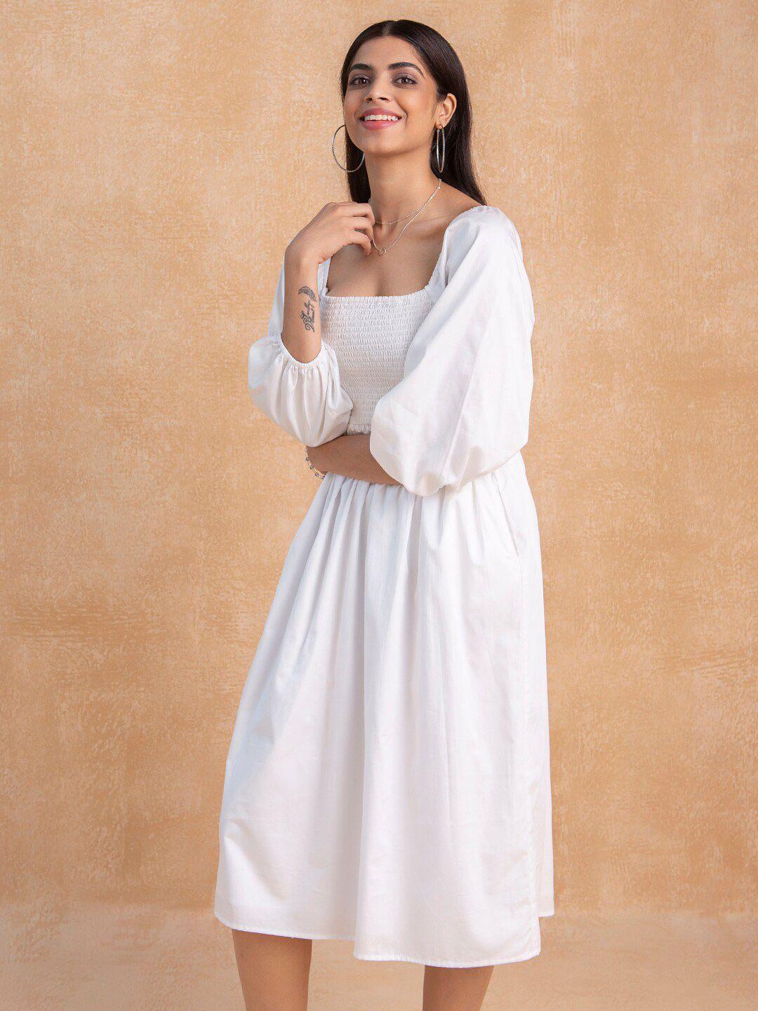 femella white cotton smocked a-line midi dress